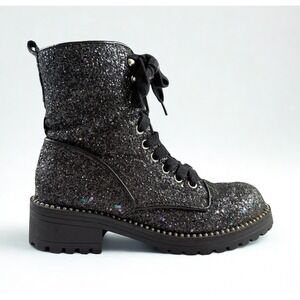 Portland Boot Company Glitter Combat Boots Womens 6.5 Black Studded Lug Sole Zip